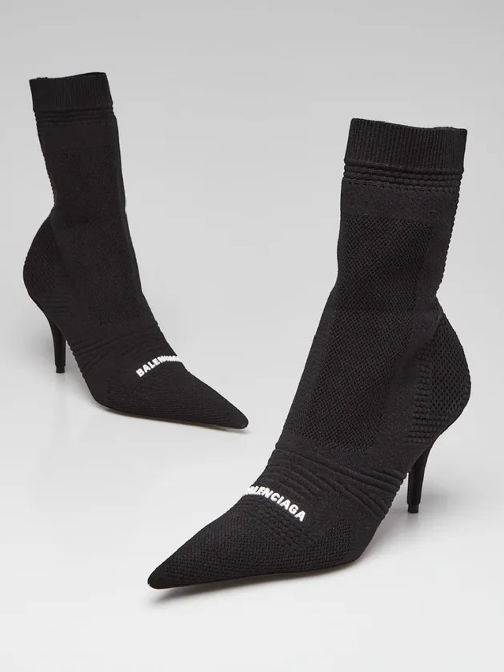 BALENCIAGA Black Knit Sock Pointed Toe Ankle Boots with Logo